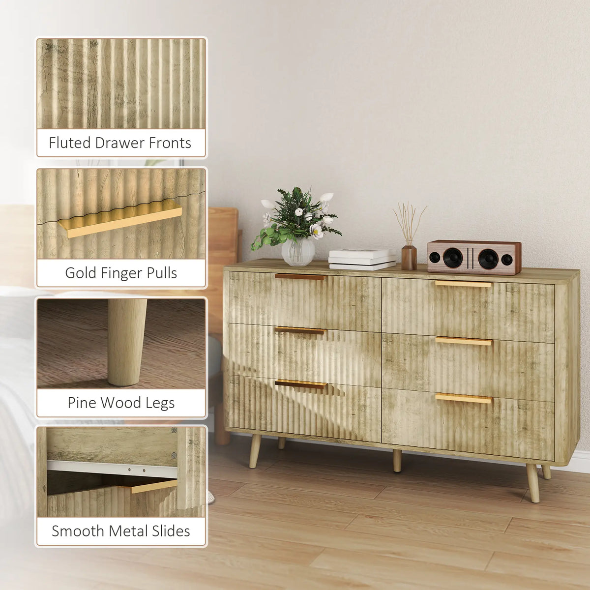 Fluted Chest of Drawers, 6 Drawer Dresser with Pine Wood Legs, Oak Storage Cabinets at Gallery Canada