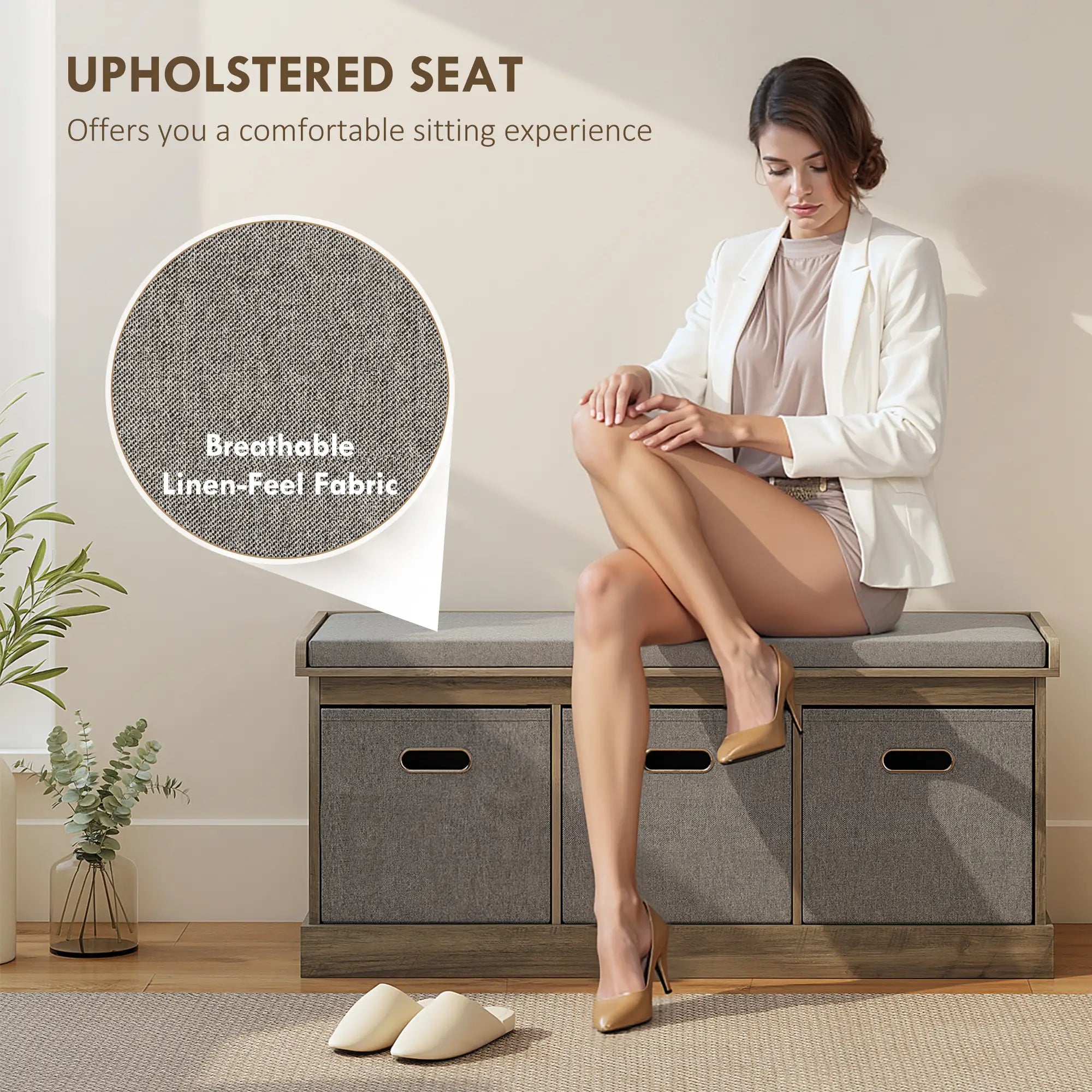 Shoe Storage Bench with Seat, 3 Fabric Drawers, Washed Grey Shoe Storage Cabinets & Racks at Gallery Canada