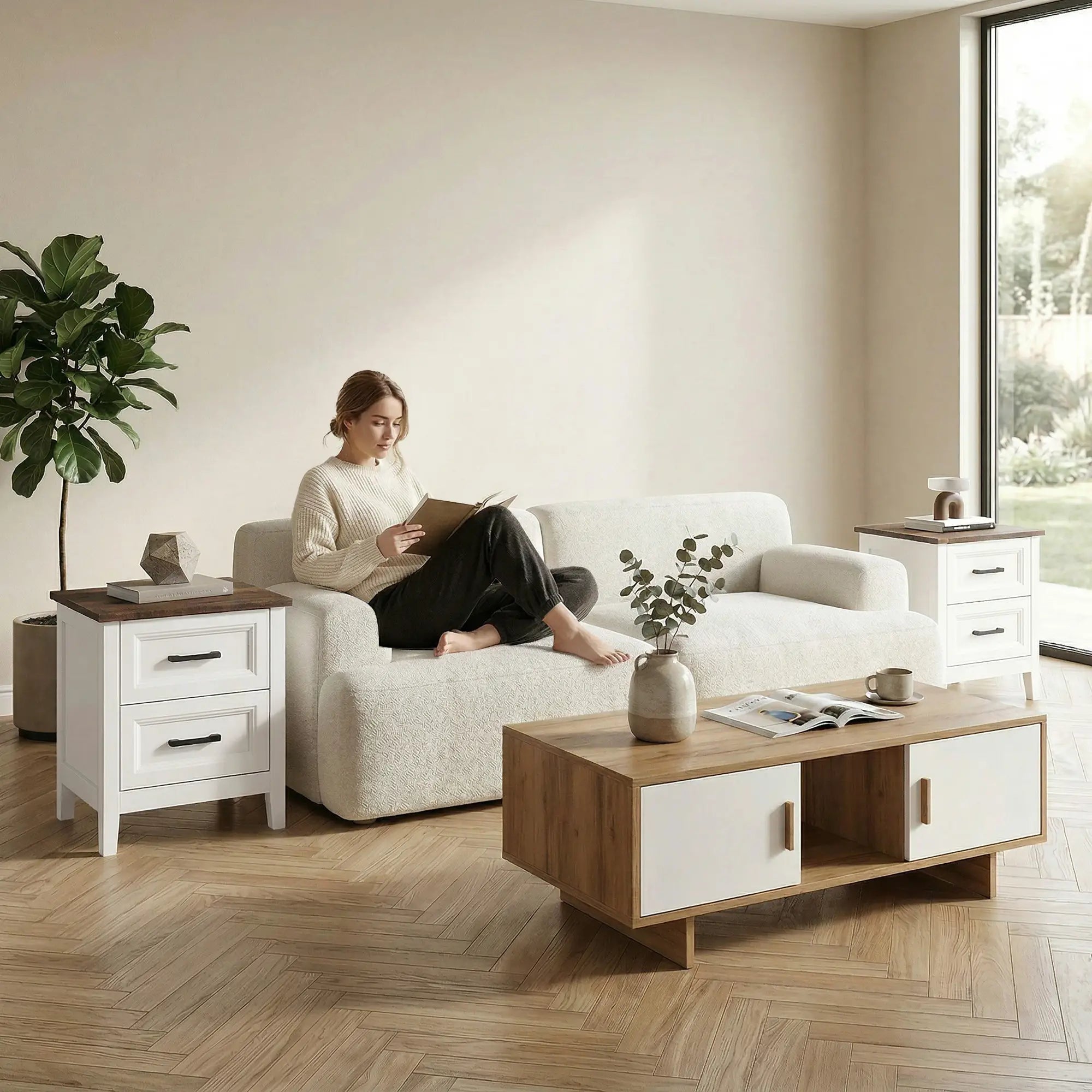Farmhouse Nightstand Set of 2, 2 Drawers, White Bedside Tables at Gallery Canada