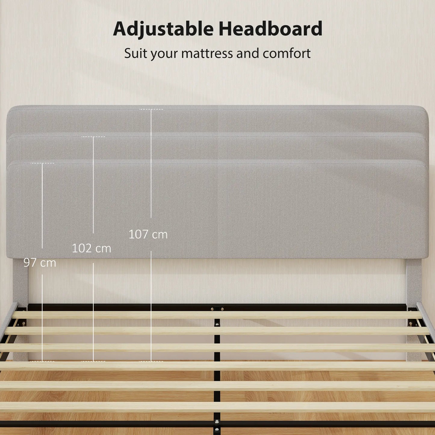 Queen Size Bed Frame, Adjustable Upholstered Headboard, Wood Slat Support, Light Grey Bed Frames at Gallery Canada