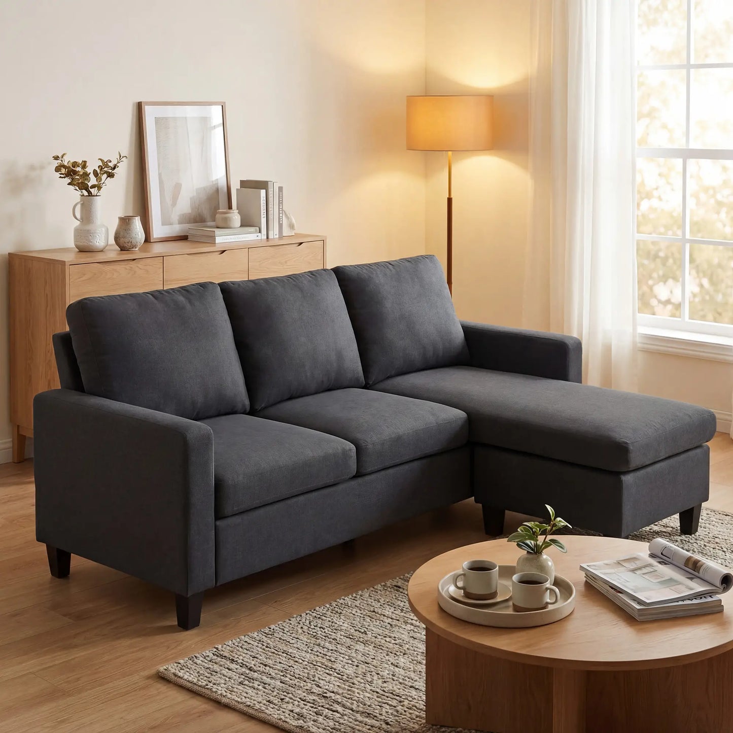 L-Shape Sectional Sofa with Ottoman, Living Room, Dark Grey Sofas & Reclining Chairs at Gallery Canada