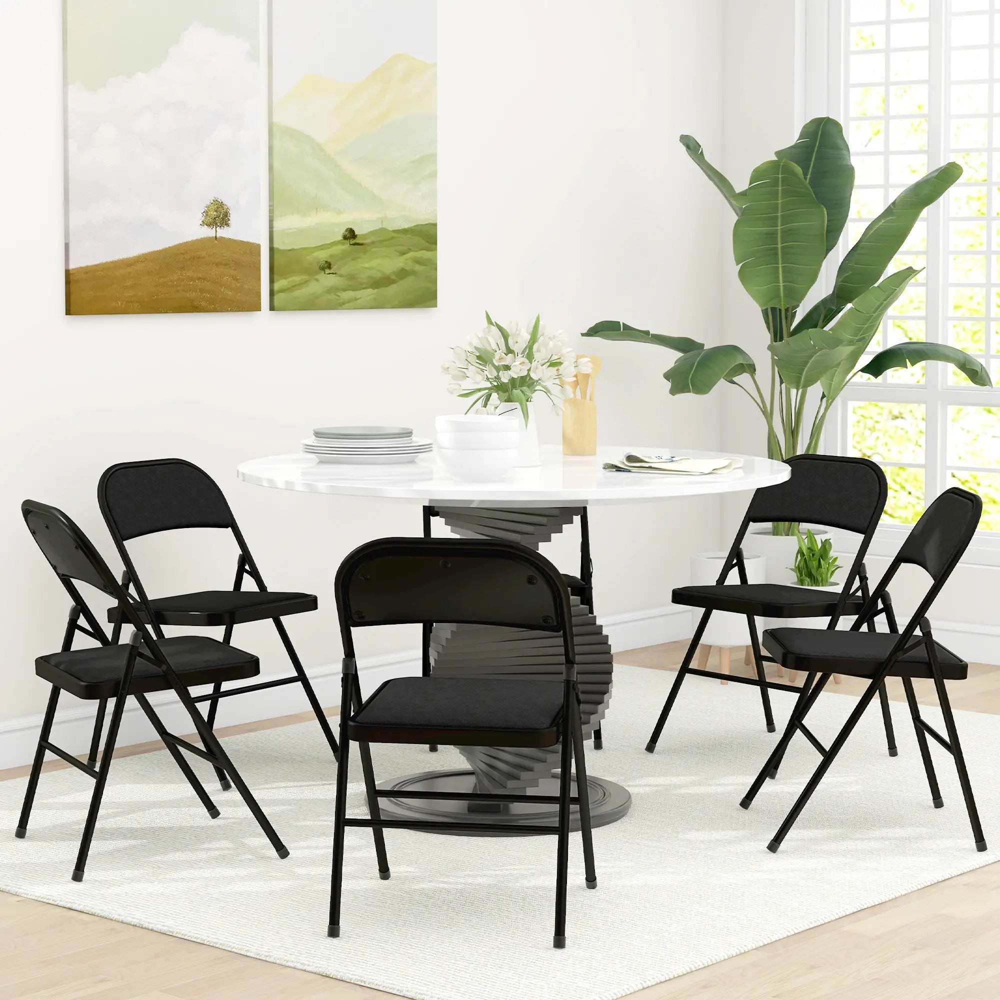 Set of 6 Metal Foldable Chairs, Linen Padded with Cushion Seat, Black Dining Chairs at Gallery Canada