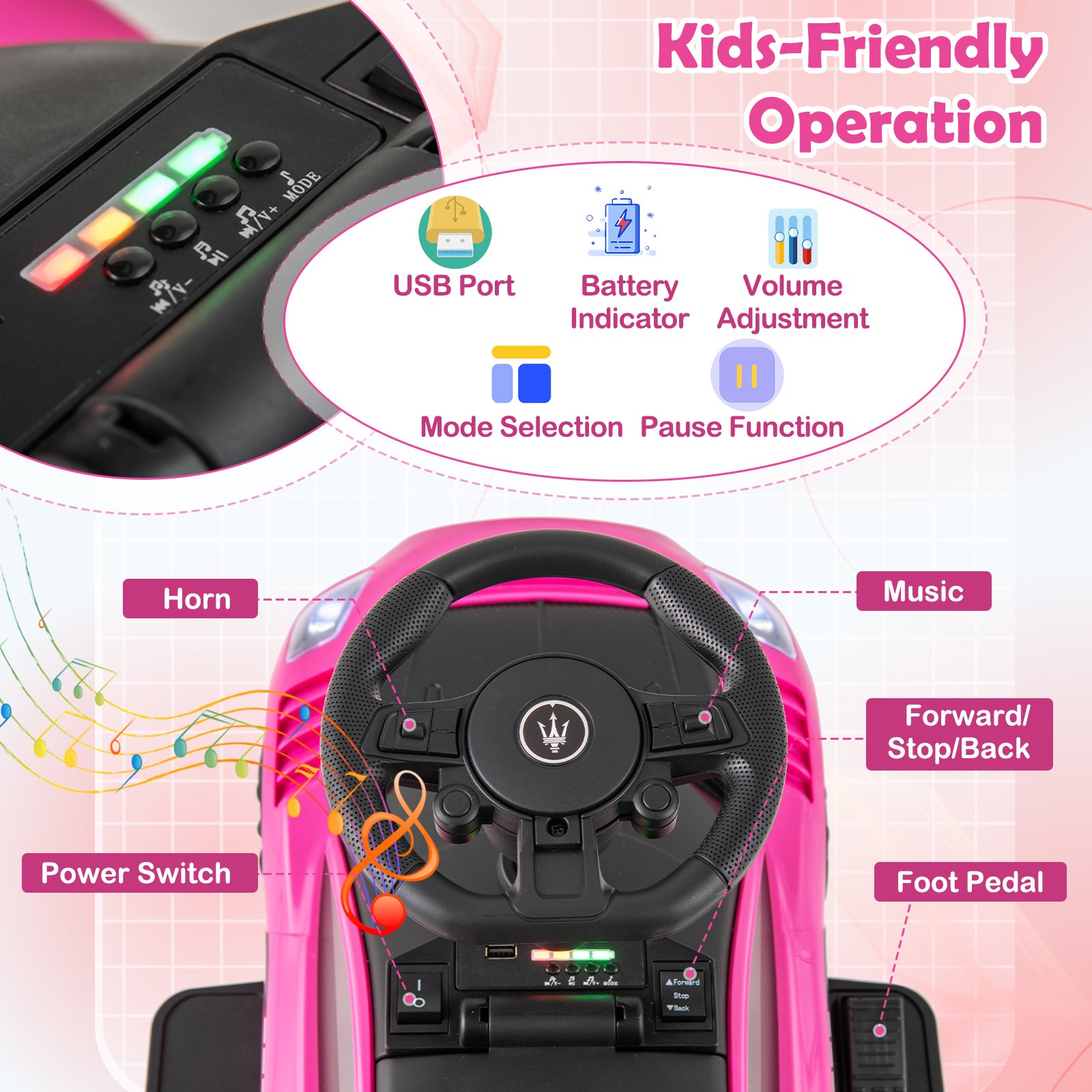 6V Electric Kids Ride on Push Car Maserati Licensed with Foot Pedal and Music, Pink Powered Ride On Toys at Gallery Canada