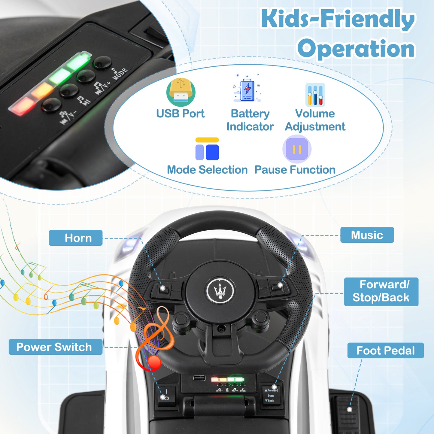 6V Electric Kids Ride on Push Car Maserati Licensed with Foot Pedal and Music, White Powered Ride On Toys at Gallery Canada