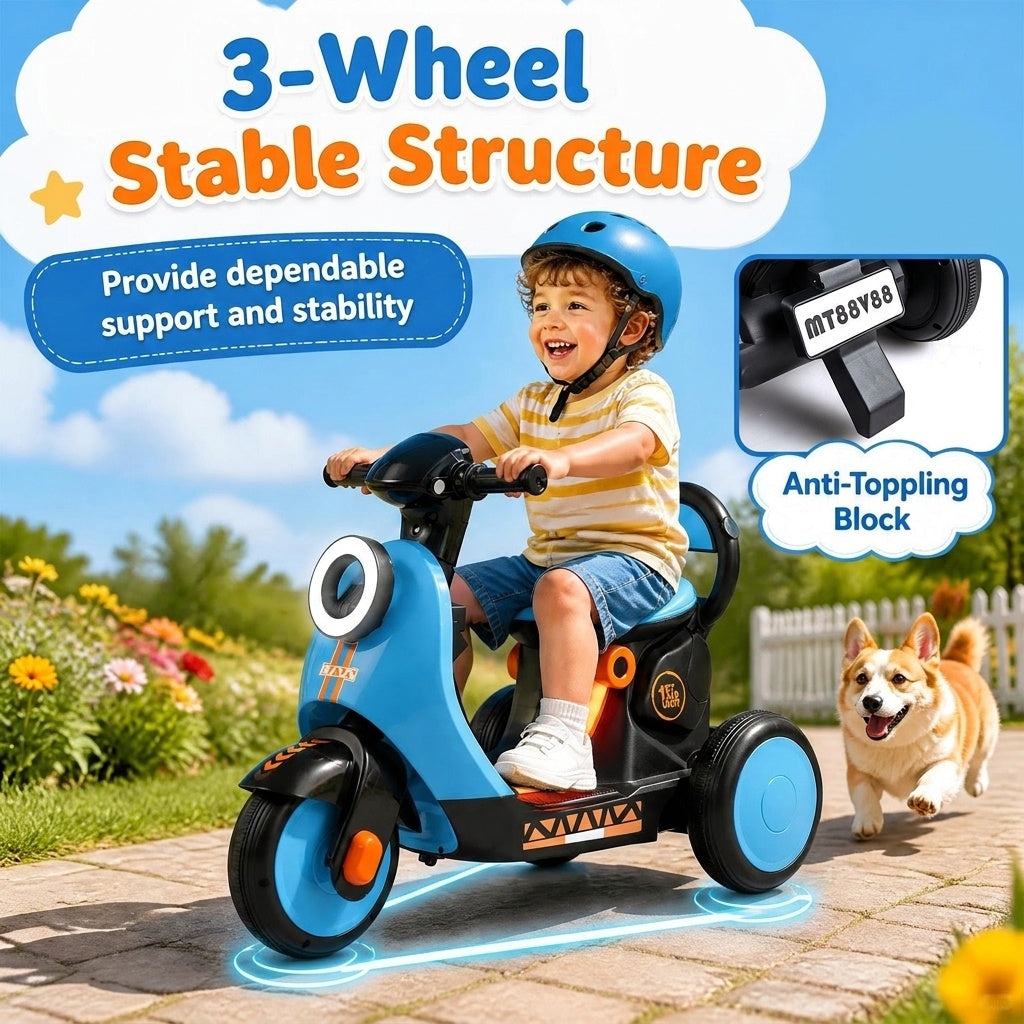 6V Electric Ride on Motorcycle with LED Headlight for Kids Aged 3-5 Years, Blue