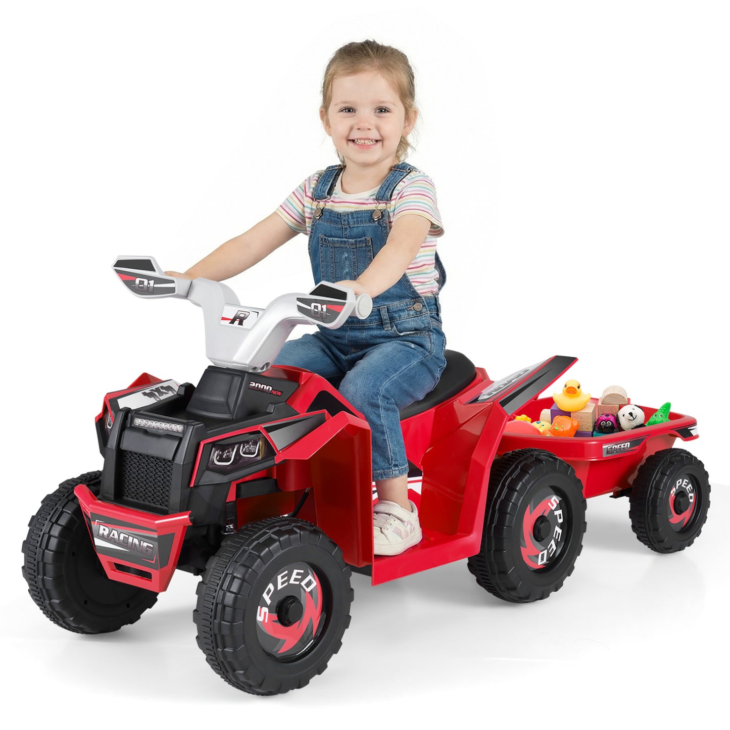 6V Kids Electric ATV Quad Car with Detachable Trailer, Red Powered Ride On Toys at Gallery Canada