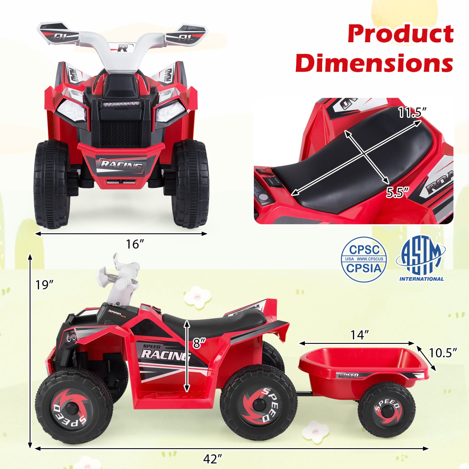6V Kids Electric ATV Quad Car with Detachable Trailer, Red Powered Ride On Toys at Gallery Canada