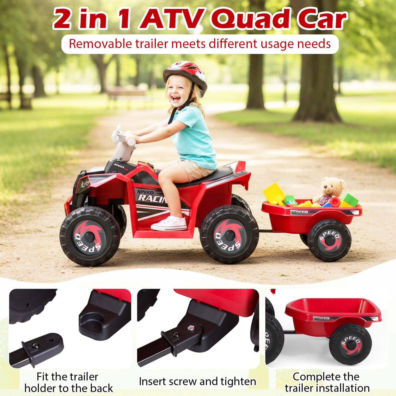 6V Kids Electric ATV Quad Car with Detachable Trailer, Red Powered Ride On Toys at Gallery Canada