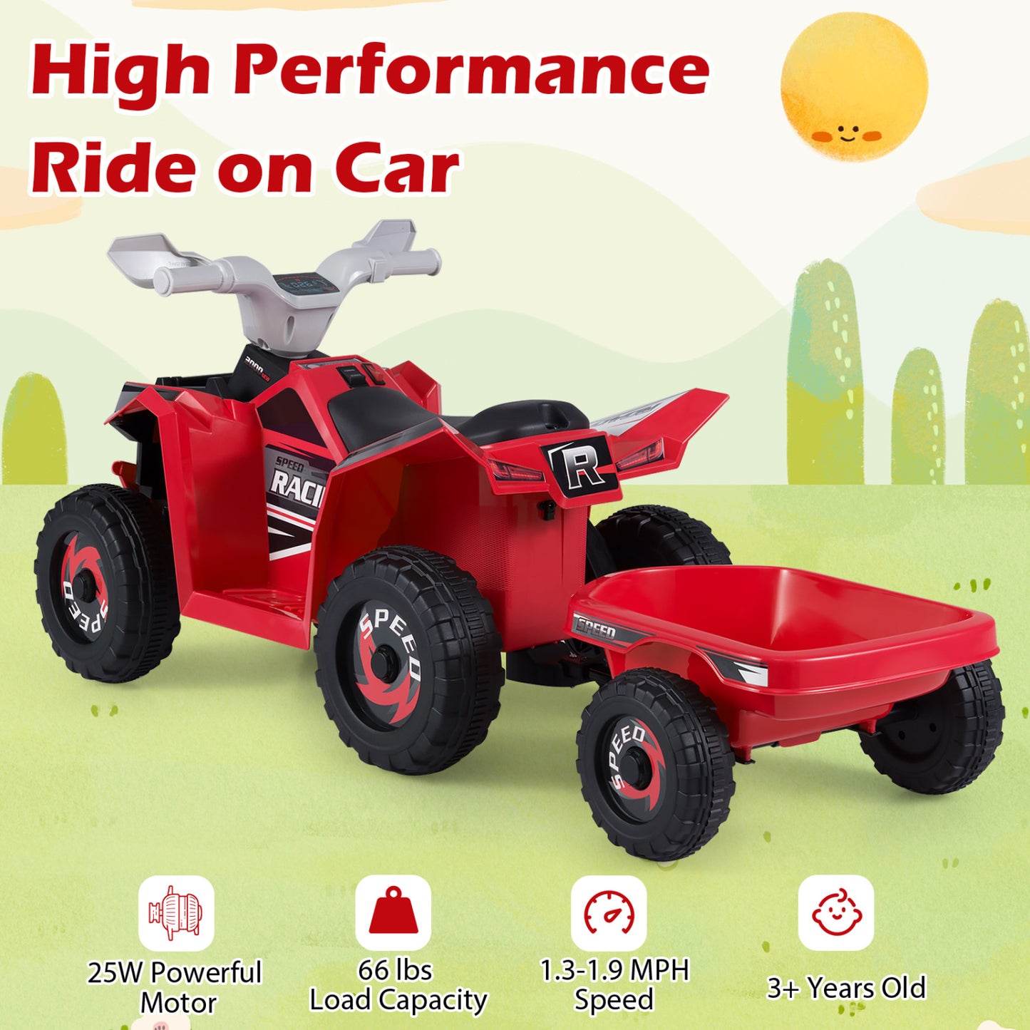 6V Kids Electric ATV Quad Car with Detachable Trailer, Red Powered Ride On Toys at Gallery Canada