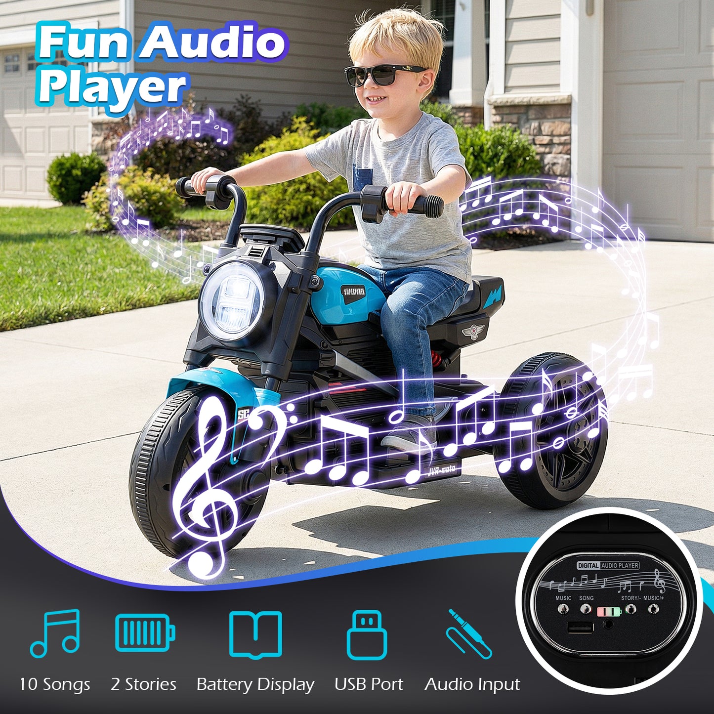 6V Kids Electric Motorcycle with LED Headlight and Music for Toddlers Aged 3-5, Blue Powered Ride On Toys at Gallery Canada
