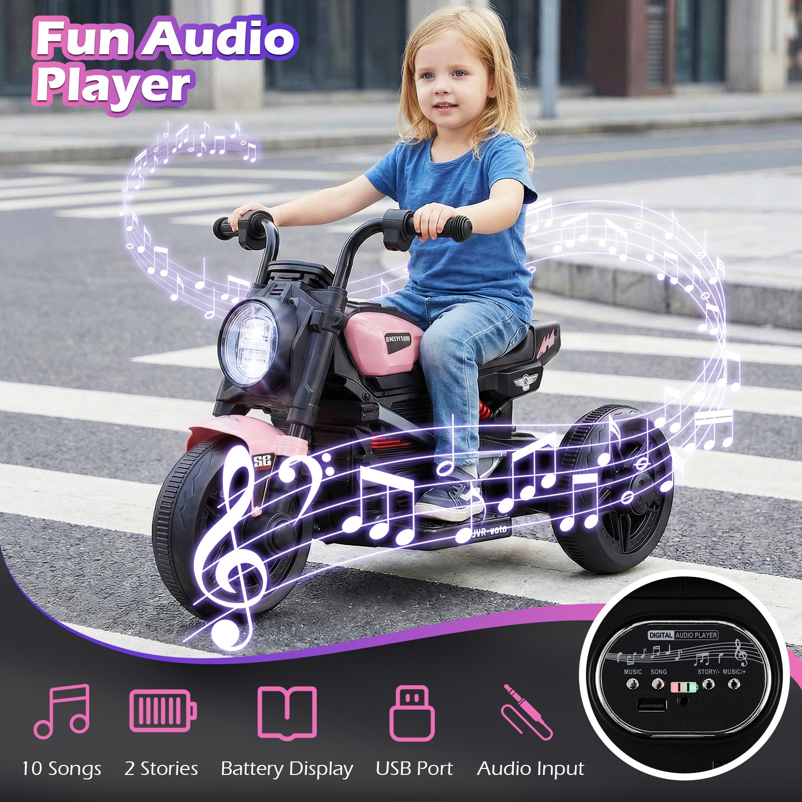 6V Kids Electric Motorcycle with LED Headlight and Music for Toddlers Aged 3-5, Pink Powered Ride On Toys at Gallery Canada