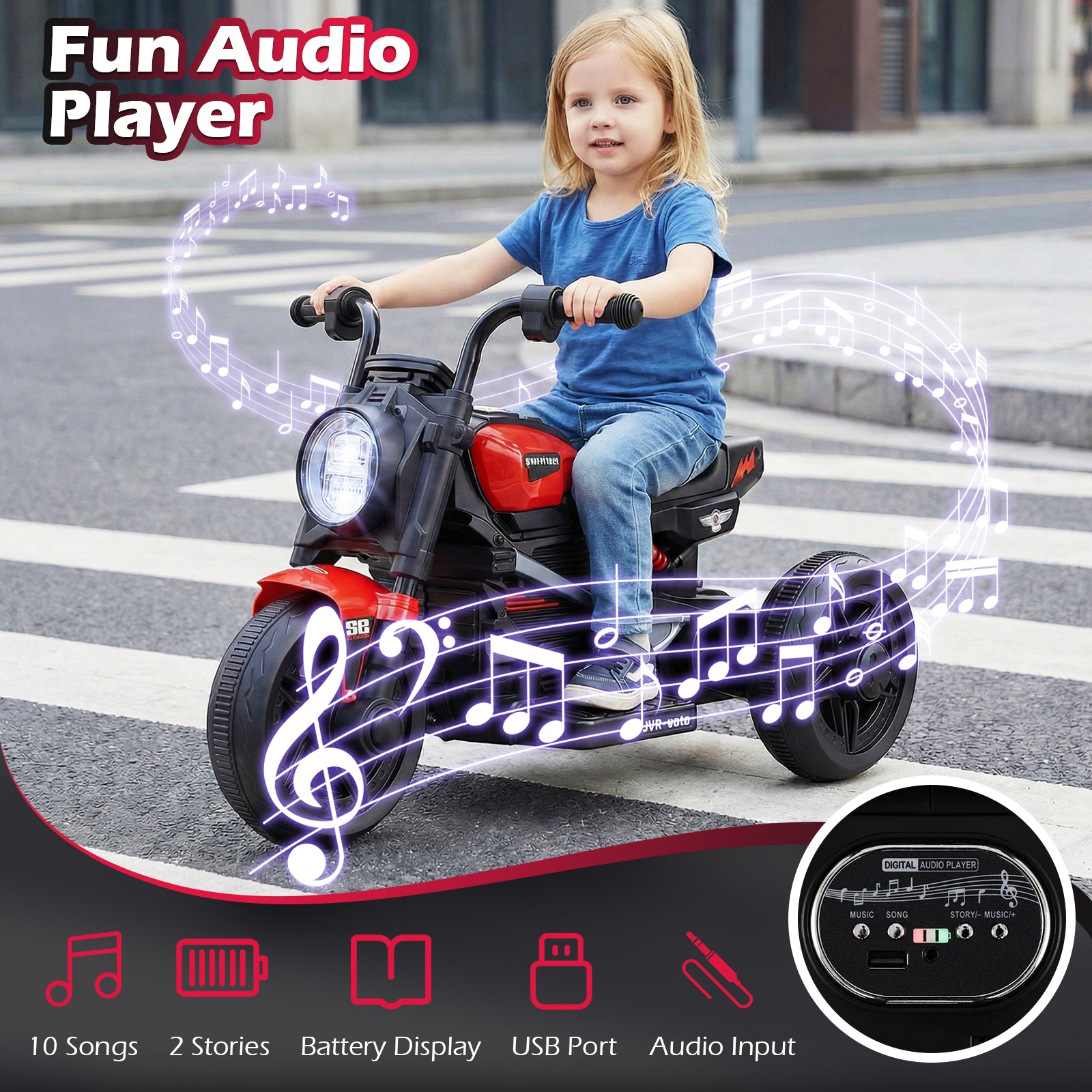 6V Kids Electric Motorcycle with LED Headlight and Music for Toddlers Aged 3-5, Red Powered Ride On Toys at Gallery Canada