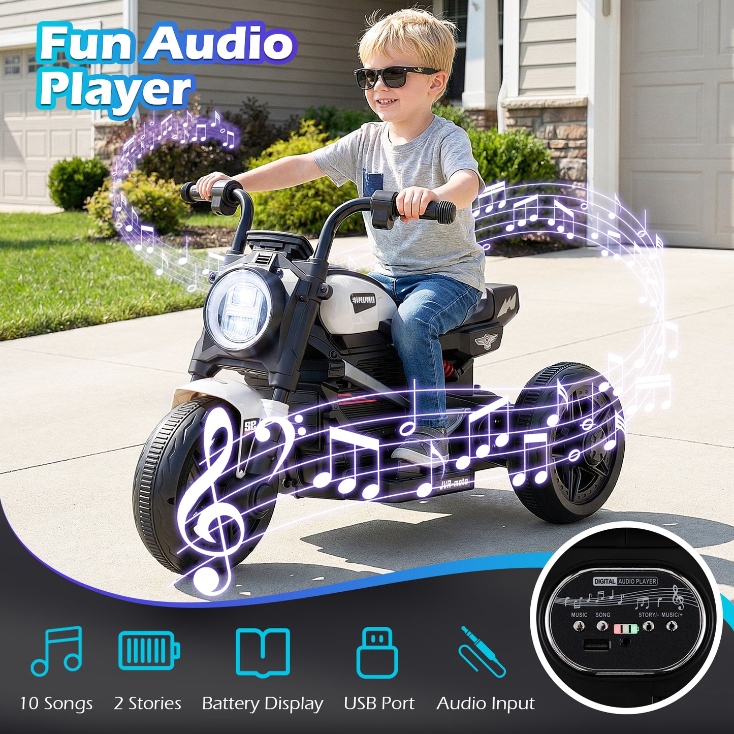 6V Kids Electric Motorcycle with LED Headlight and Music for Toddlers Aged 3-5, White Powered Ride On Toys at Gallery Canada