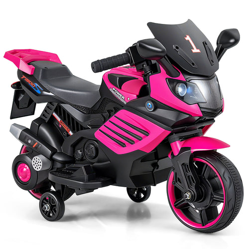 6V Kids Motorcycle with Headlights Music and Detachable Training Wheels, Pink