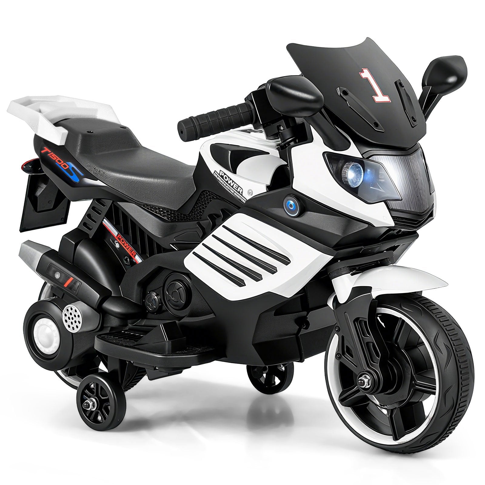 6V Kids Motorcycle with Headlights Music and Detachable Training Wheels, White Powered Ride On Toys White at Gallery Canada