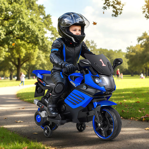 6V Kids Motorcycle, Headlights, Music, Detachable Training Wheels, Navy