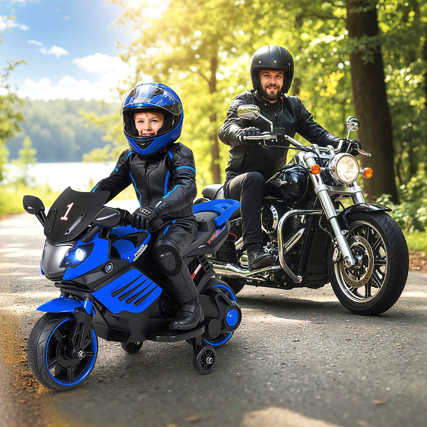 6V Kids Motorcycle, Headlights, Music, Detachable Training Wheels, Navy Powered Ride On Toys at Gallery Canada