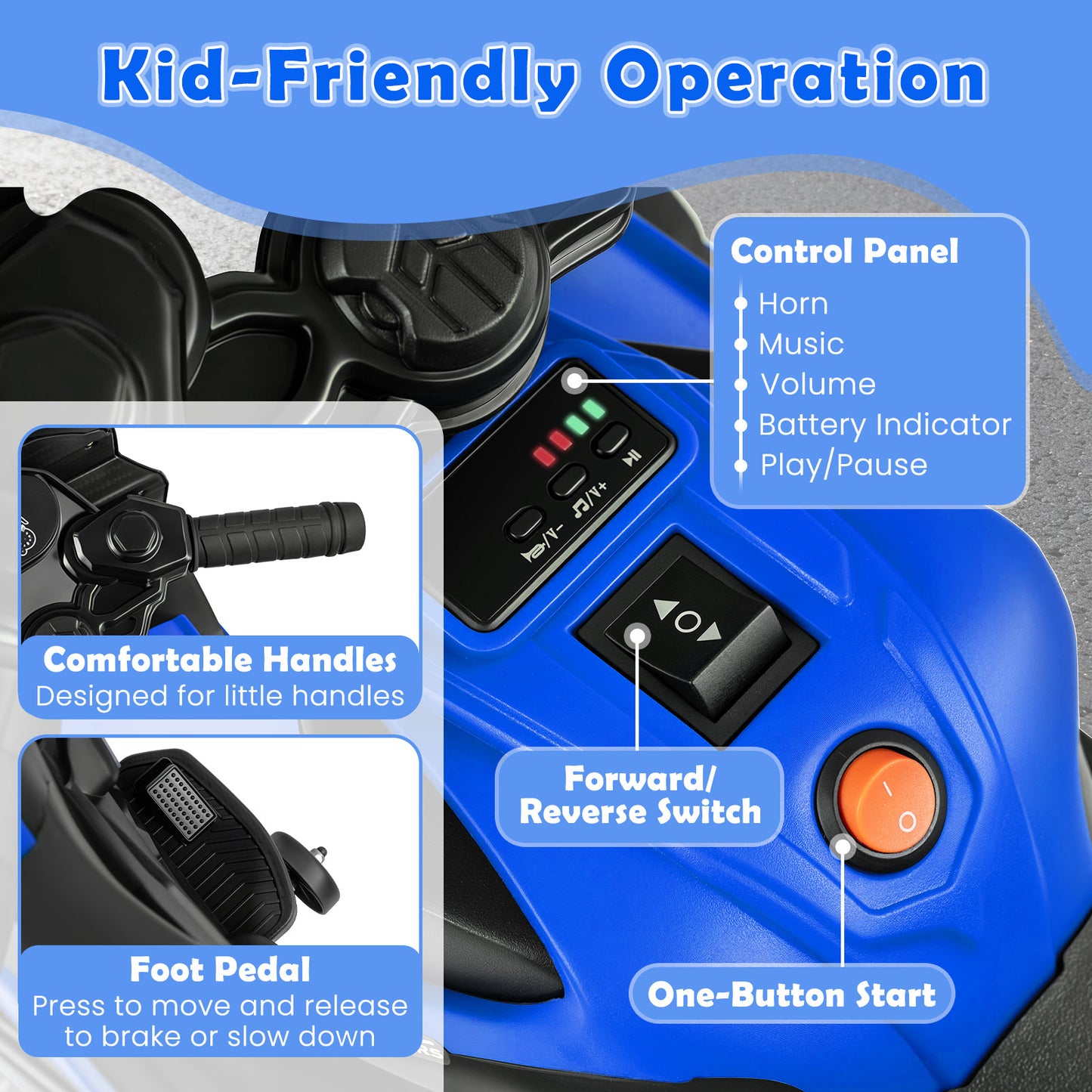 6V Kids Motorcycle, Headlights, Music, Detachable Training Wheels, Navy Powered Ride On Toys at Gallery Canada