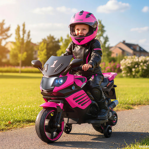 6V Kids Motorcycle With Headlights, Music, Detachable Training Wheels, Pink
