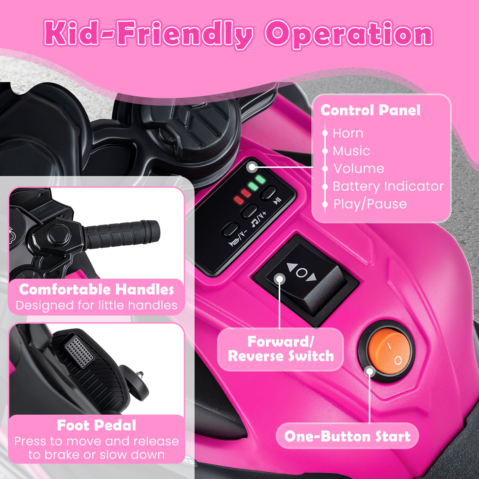 6V Kids Motorcycle With Headlights, Music, Detachable Training Wheels, Pink Powered Ride On Toys at Gallery Canada