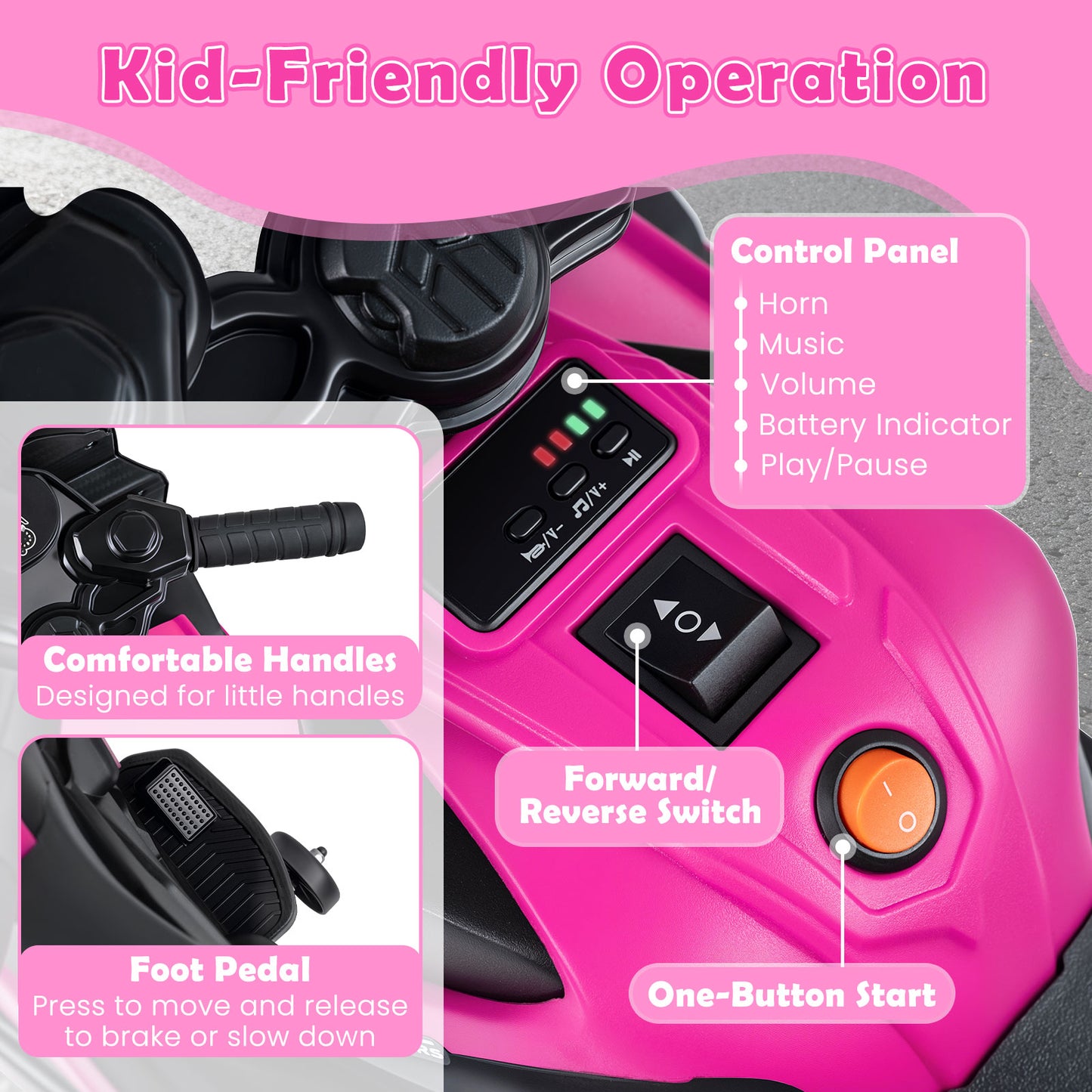 6V Kids Motorcycle With Headlights, Music, Detachable Training Wheels, Pink Powered Ride On Toys at Gallery Canada