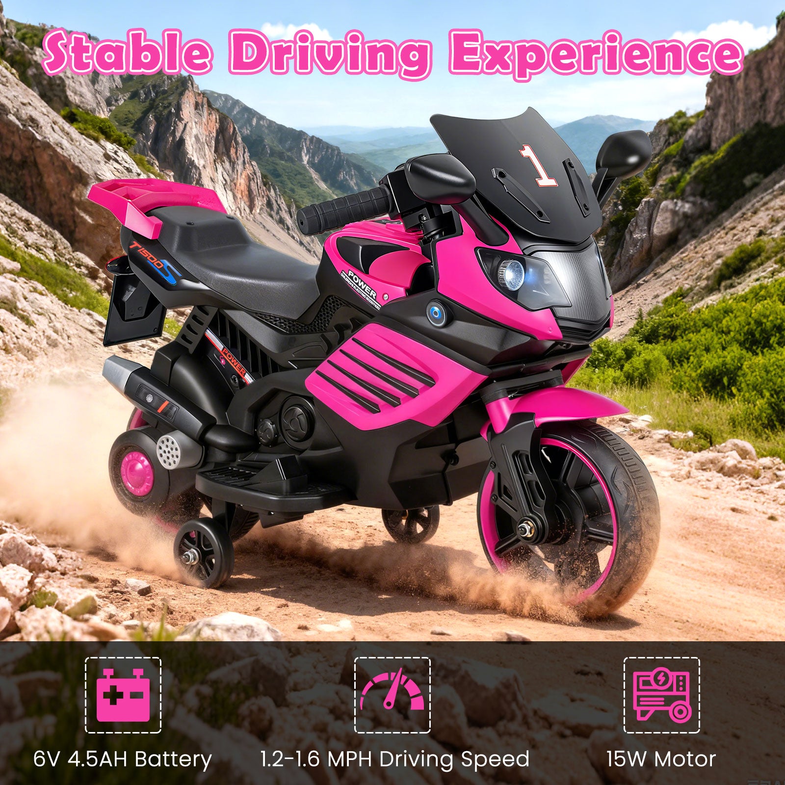 6V Kids Motorcycle With Headlights, Music, Detachable Training Wheels, Pink Powered Ride On Toys at Gallery Canada