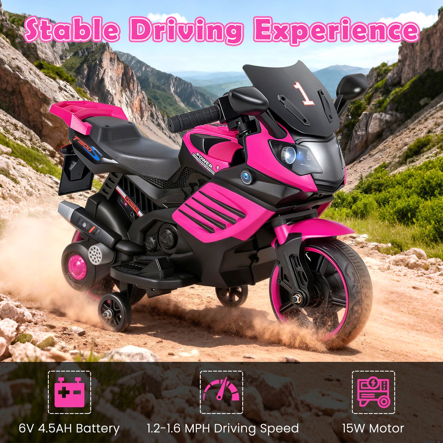 6V Kids Motorcycle With Headlights, Music, Detachable Training Wheels, Pink Powered Ride On Toys at Gallery Canada