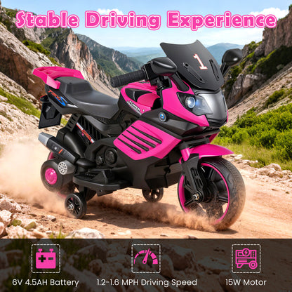 6V Kids Motorcycle With Headlights, Music, Detachable Training Wheels, Pink Powered Ride On Toys at Gallery Canada