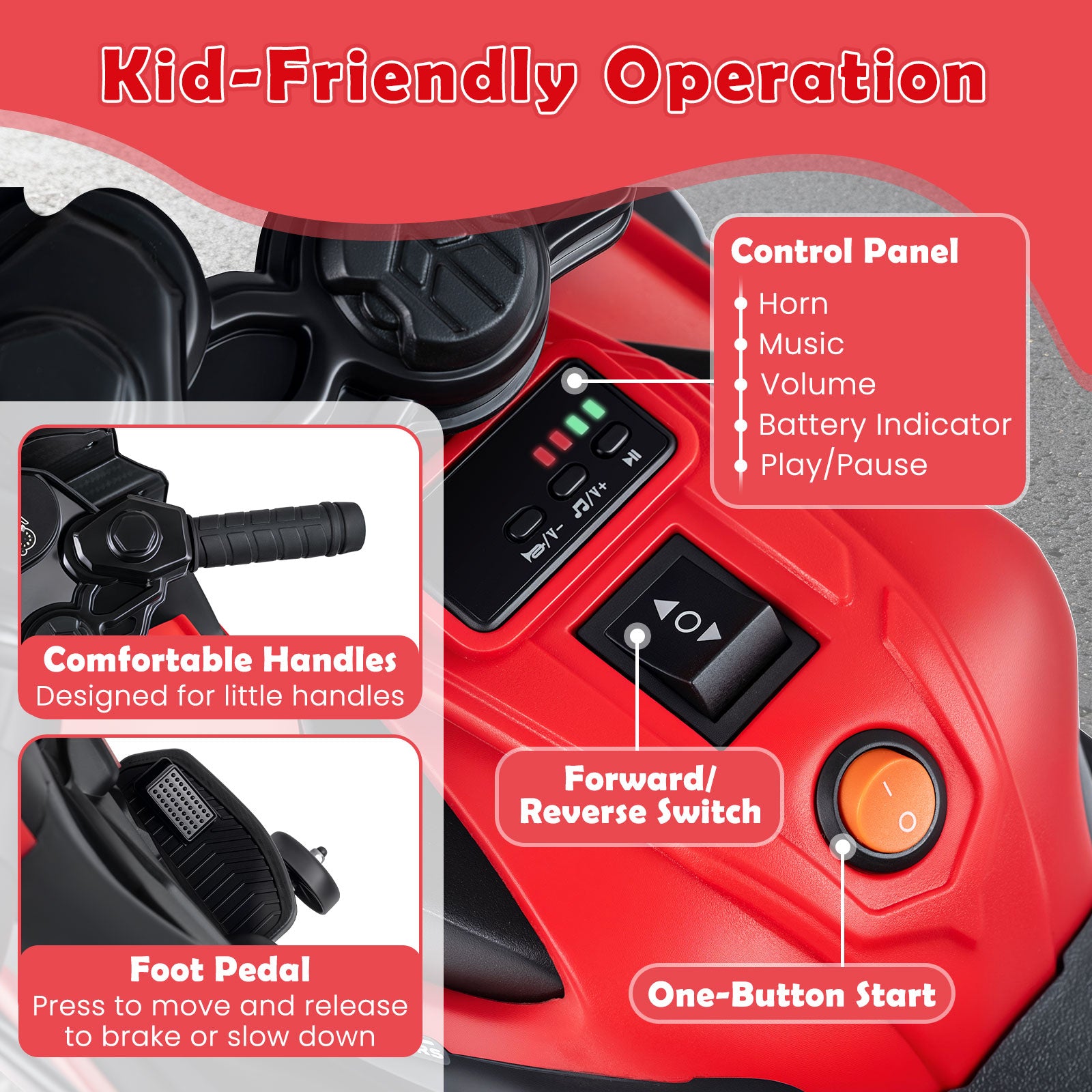 6V Kids Motorcycle, With Headlights, Music, Detachable Training Wheels, Red Powered Ride On Toys at Gallery Canada