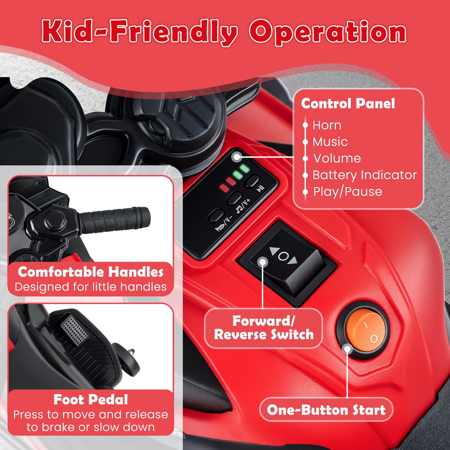 6V Kids Motorcycle, With Headlights, Music, Detachable Training Wheels, Red Powered Ride On Toys at Gallery Canada
