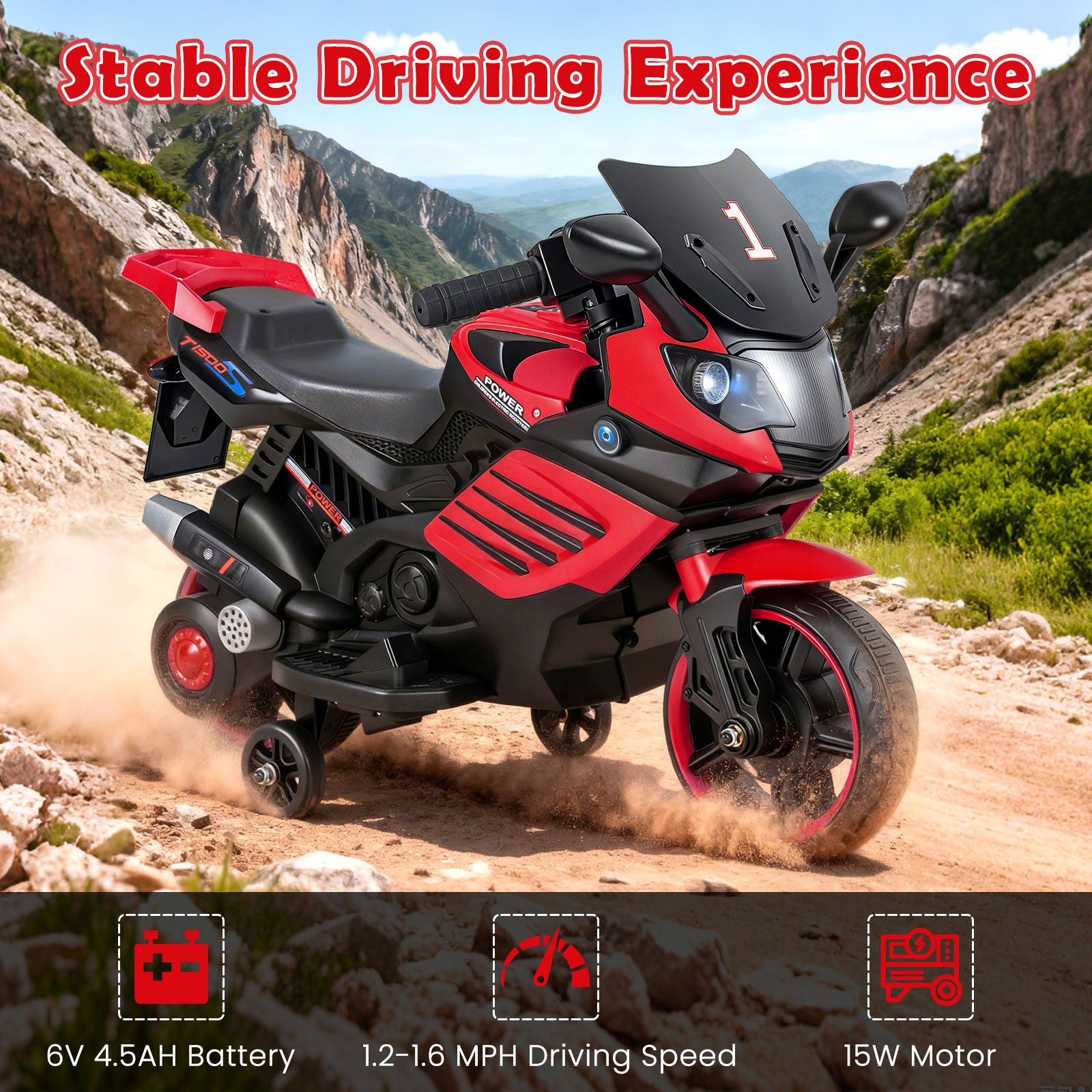 6V Kids Motorcycle, With Headlights, Music, Detachable Training Wheels, Red Powered Ride On Toys at Gallery Canada
