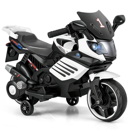 6V Kids Motorcycle, With Headlights Music Detachable Training Wheels, White