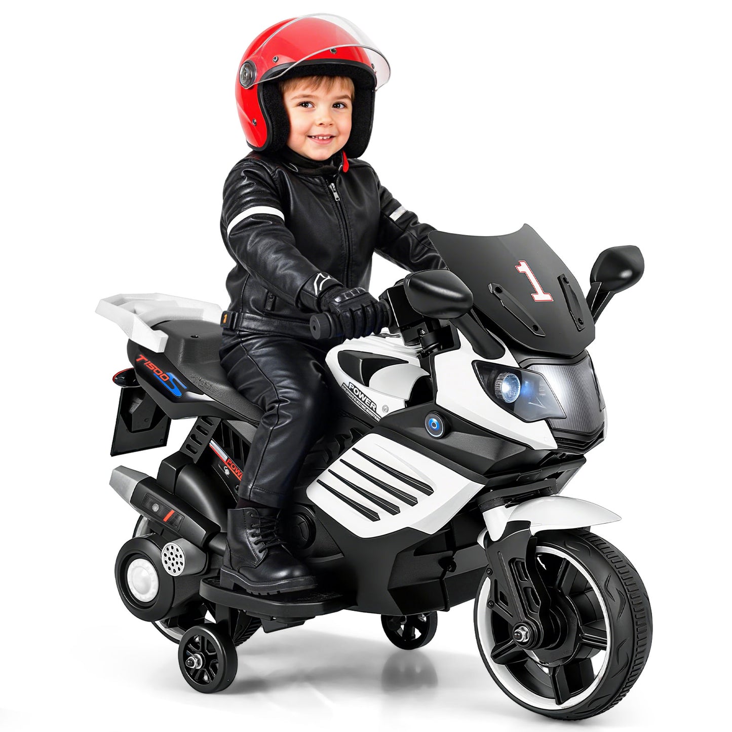 6V Kids Motorcycle, With Headlights Music Detachable Training Wheels, White Powered Ride On Toys at Gallery Canada