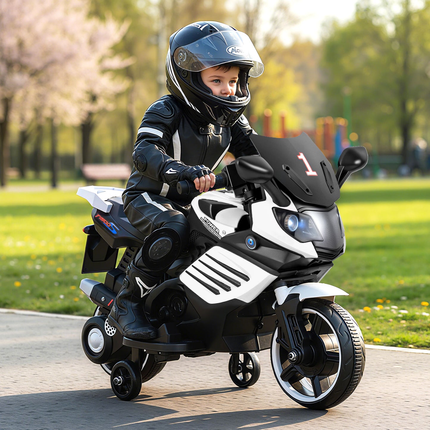 6V Kids Motorcycle, With Headlights Music Detachable Training Wheels, White Powered Ride On Toys at Gallery Canada