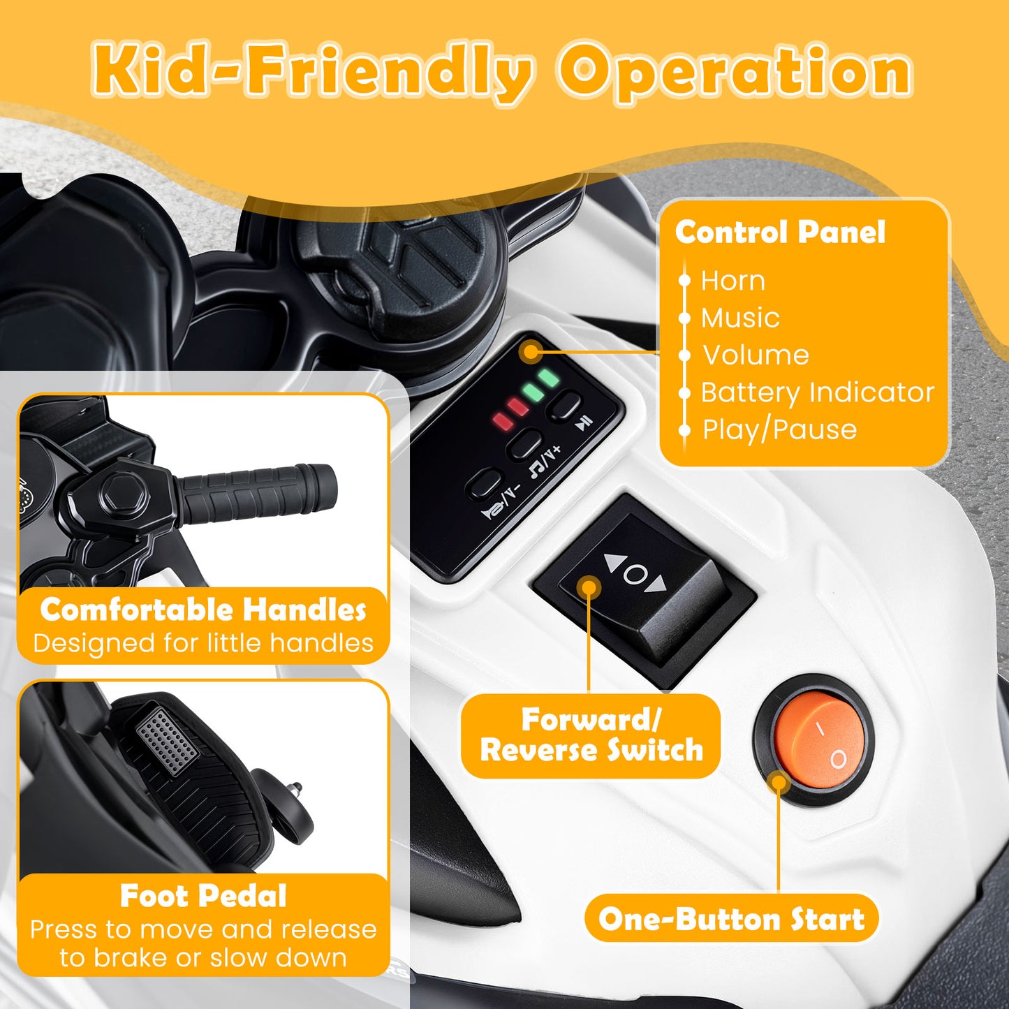 6V Kids Motorcycle, With Headlights Music Detachable Training Wheels, White Powered Ride On Toys at Gallery Canada