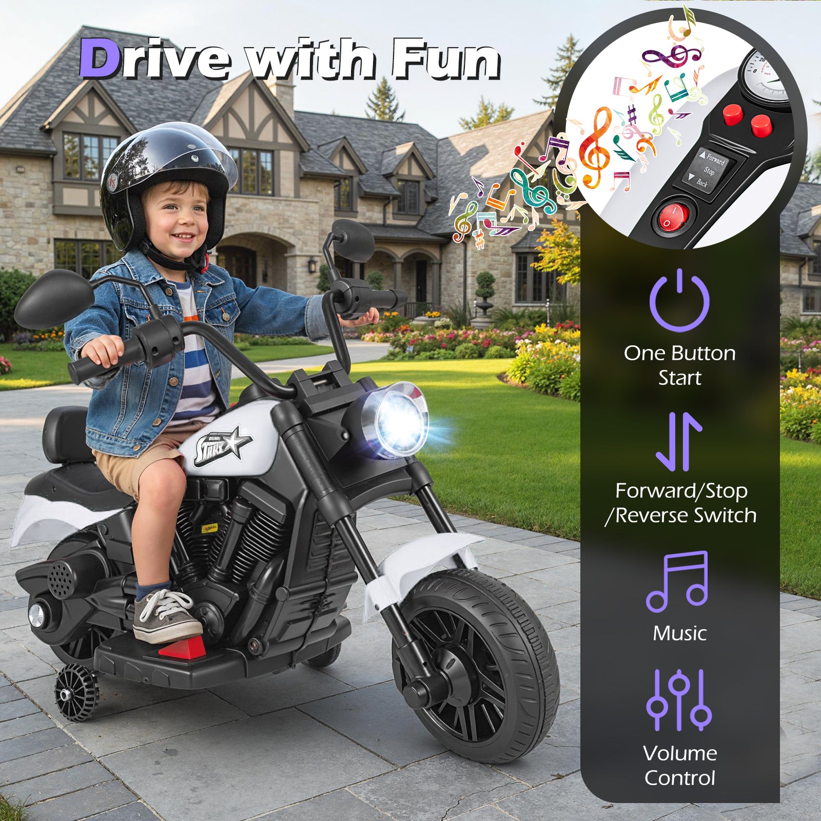 6V Kids Motorcycle with Headlight and Music and Training Wheels, White Powered Ride On Toys at Gallery Canada
