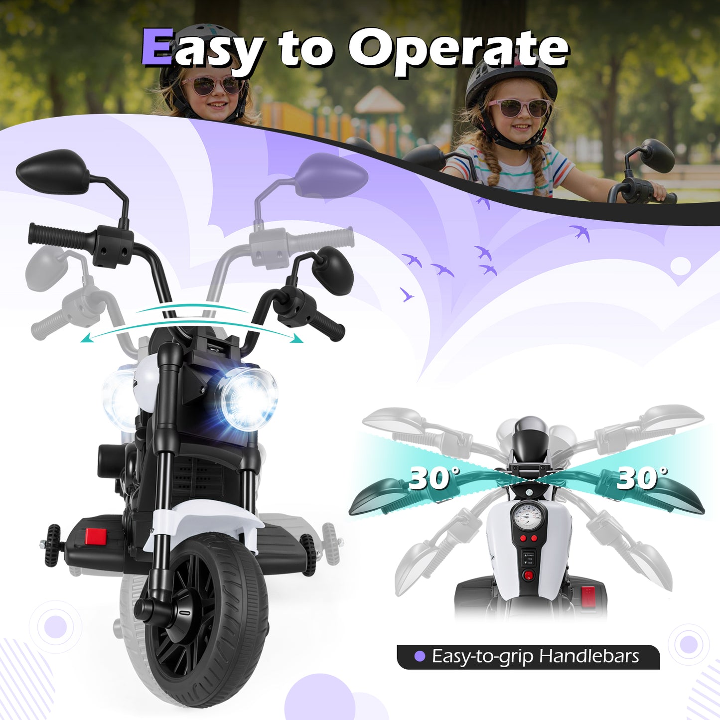6V Kids Motorcycle with Headlight and Music and Training Wheels, White Powered Ride On Toys at Gallery Canada
