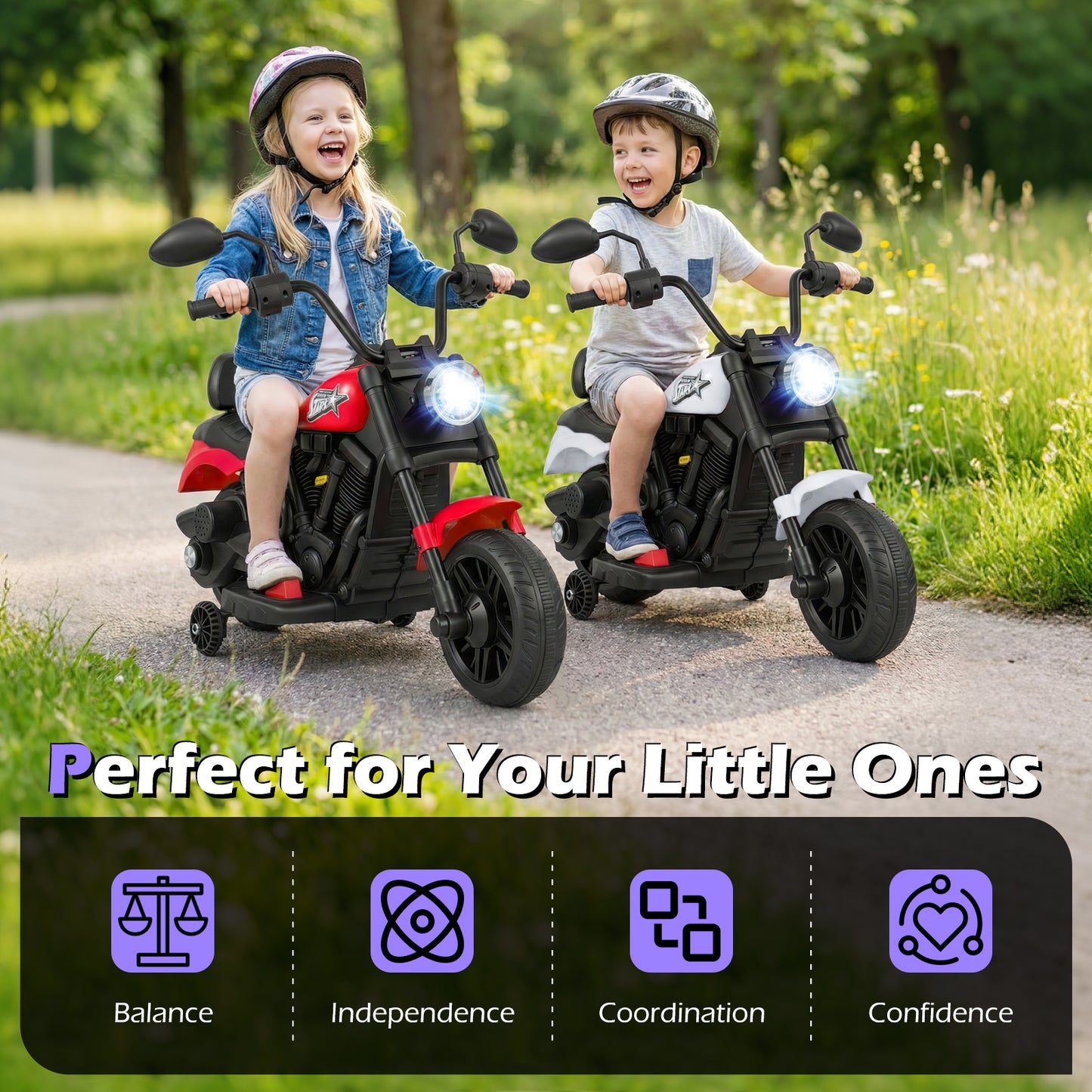 6V Kids Motorcycle with Headlight and Music and Training Wheels, White Powered Ride On Toys at Gallery Canada