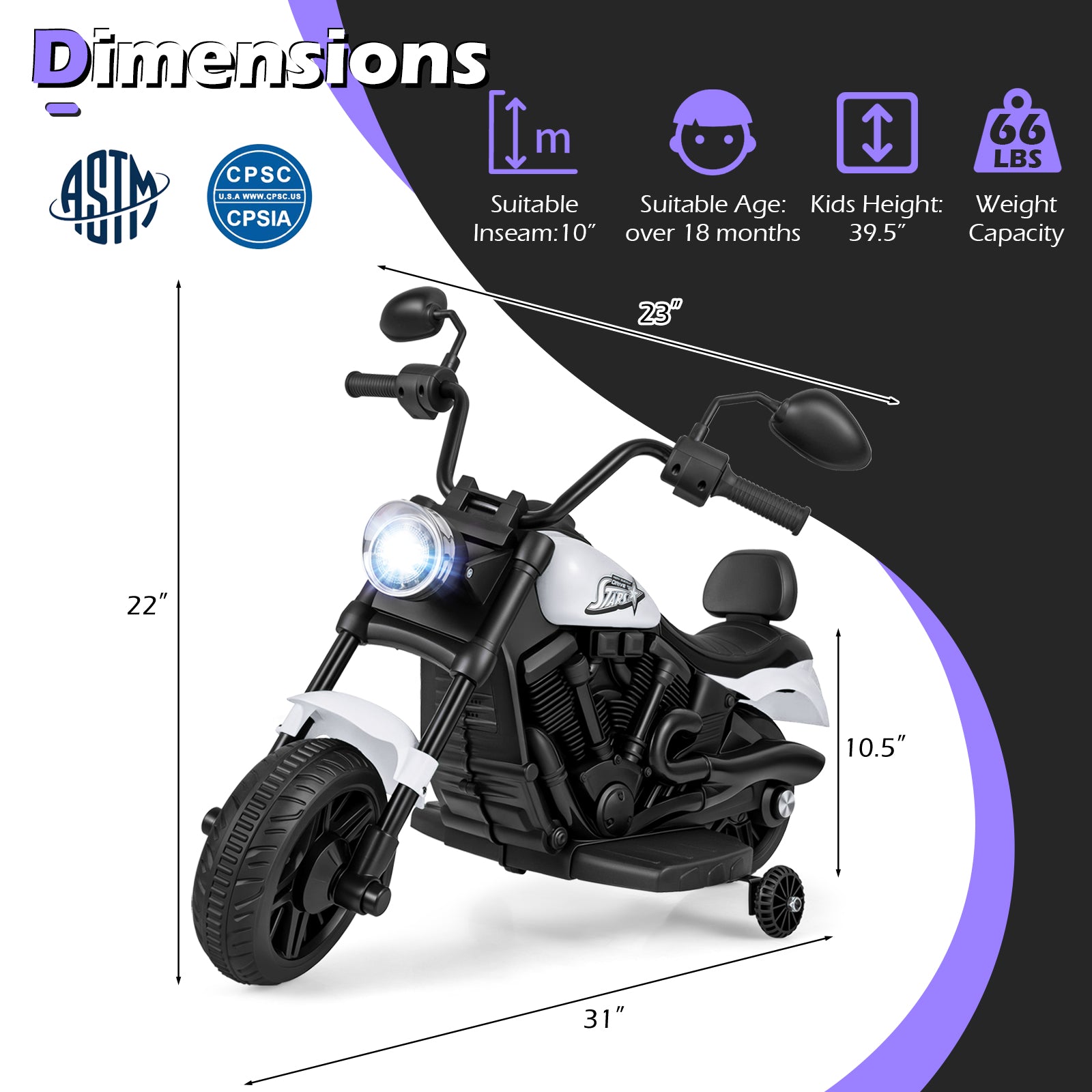 6V Kids Motorcycle with Headlight and Music and Training Wheels, White Powered Ride On Toys at Gallery Canada