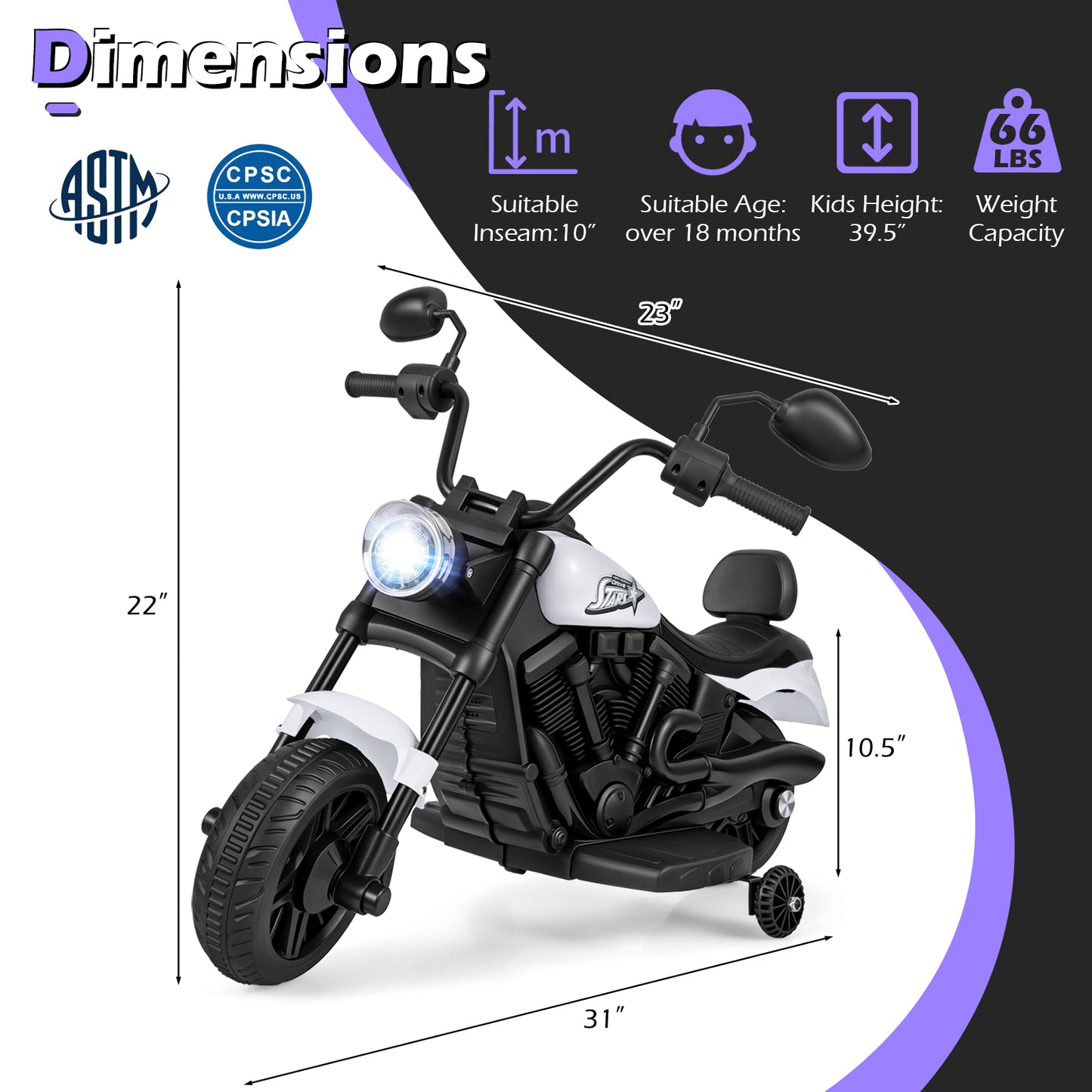 6V Kids Motorcycle with Headlight and Music and Training Wheels, White Powered Ride On Toys at Gallery Canada