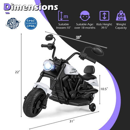 6V Kids Motorcycle with Headlight and Music and Training Wheels, White Powered Ride On Toys at Gallery Canada