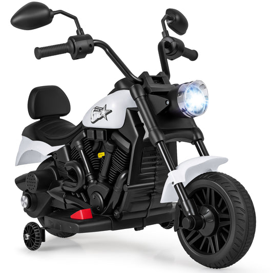 6V Kids Motorcycle with Headlight and Music and Training Wheels, White Powered Ride On Toys White at Gallery Canada