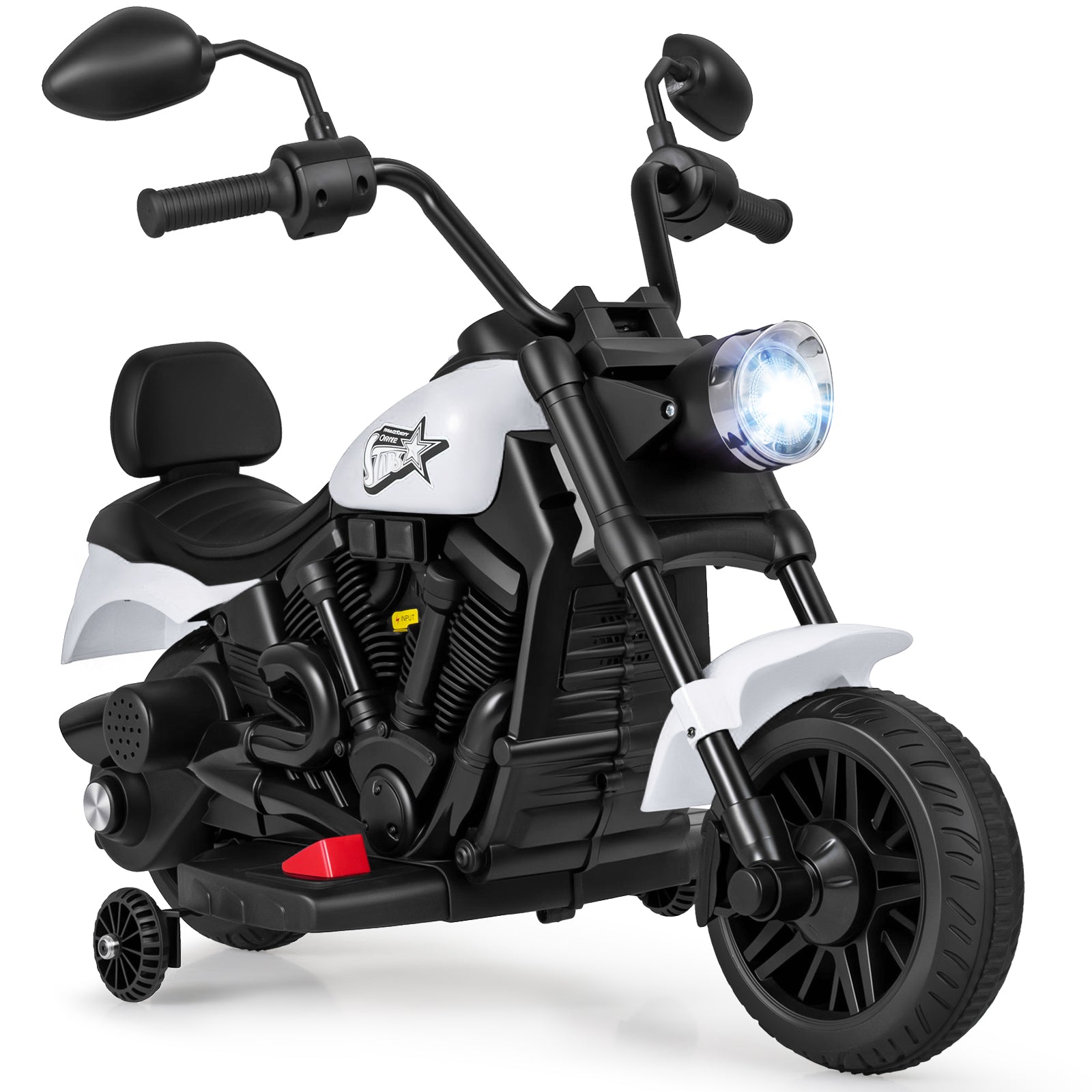 6V Kids Motorcycle with Headlight and Music and Training Wheels, White Powered Ride On Toys at Gallery Canada