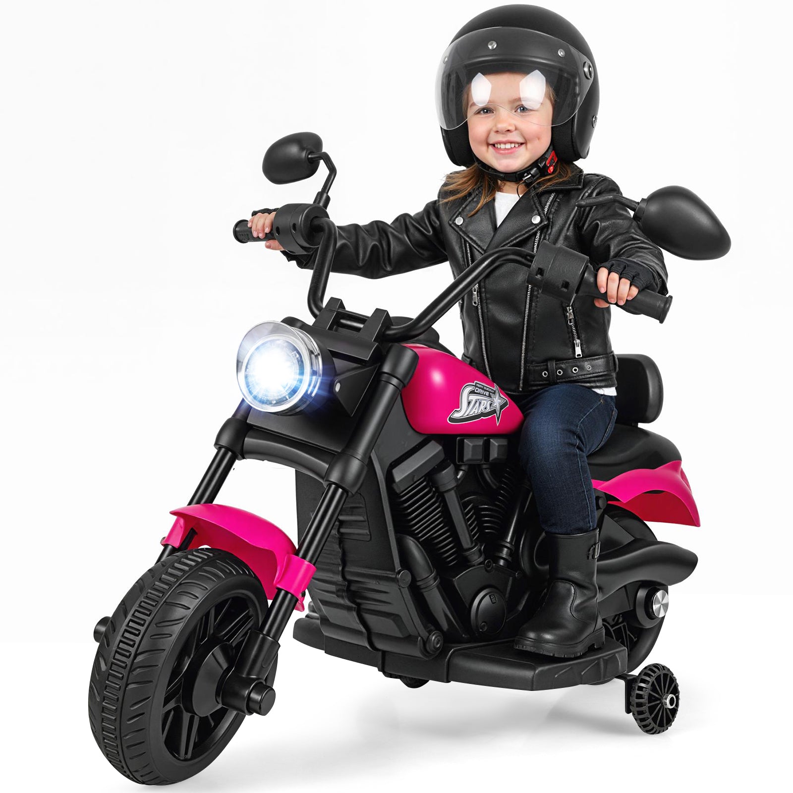 6V Kids Motorcycle with Headlight and Music and Training Wheels, Pink Powered Ride On Toys at Gallery Canada