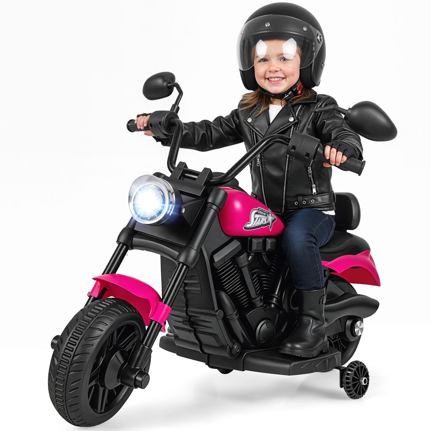 6V Kids Motorcycle with Headlight and Music and Training Wheels, Pink Powered Ride On Toys at Gallery Canada