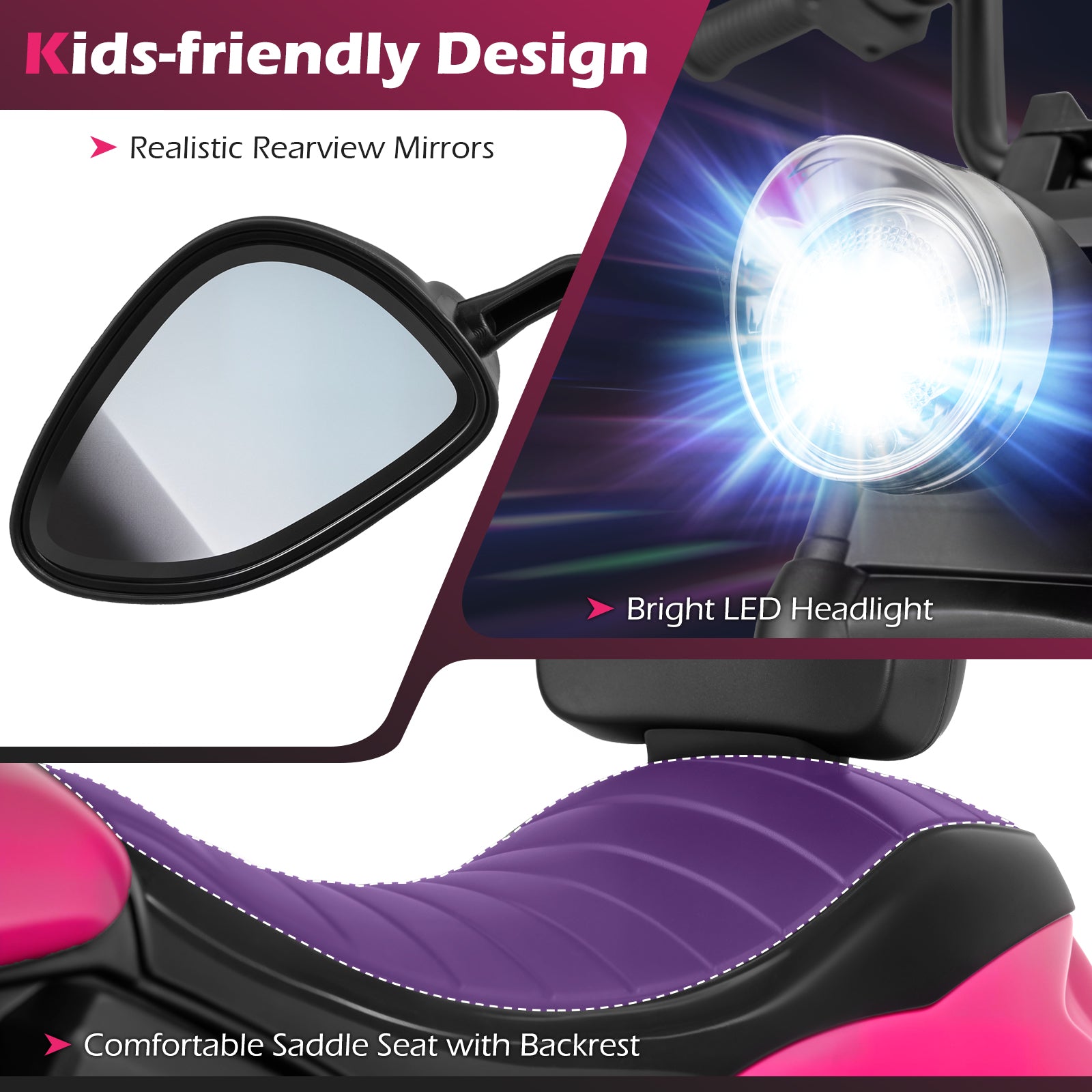 6V Kids Motorcycle with Headlight and Music and Training Wheels, Pink Powered Ride On Toys at Gallery Canada