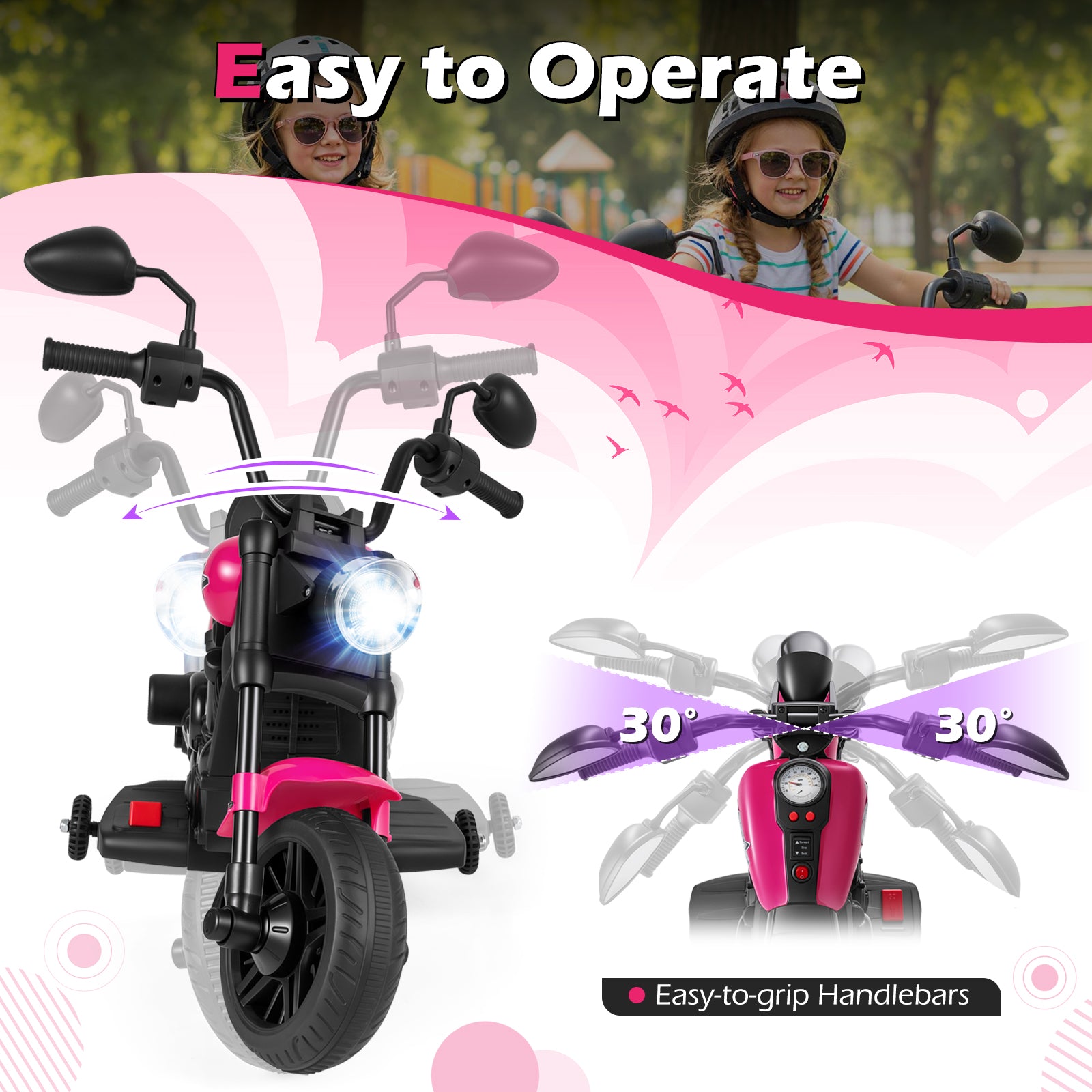 6V Kids Motorcycle with Headlight and Music and Training Wheels, Pink Powered Ride On Toys at Gallery Canada