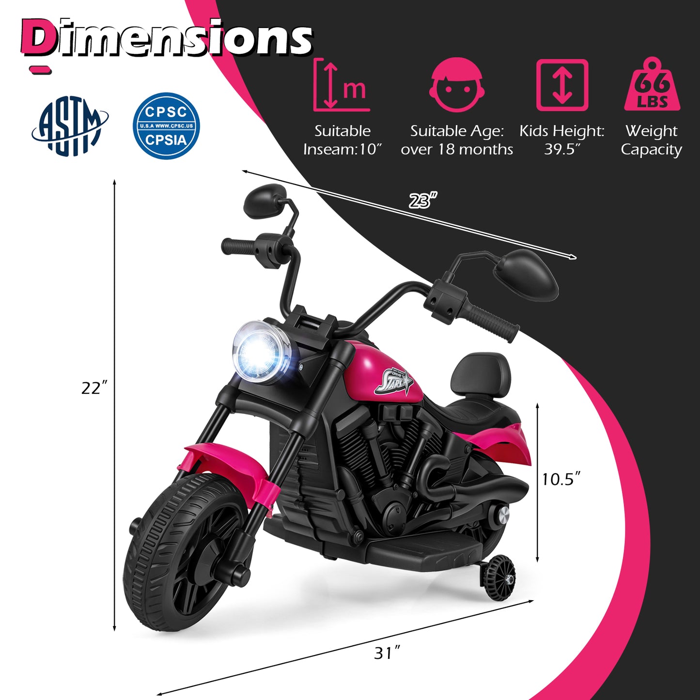 6V Kids Motorcycle with Headlight and Music and Training Wheels, Pink Powered Ride On Toys at Gallery Canada