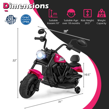 6V Kids Motorcycle with Headlight and Music and Training Wheels, Pink Powered Ride On Toys at Gallery Canada