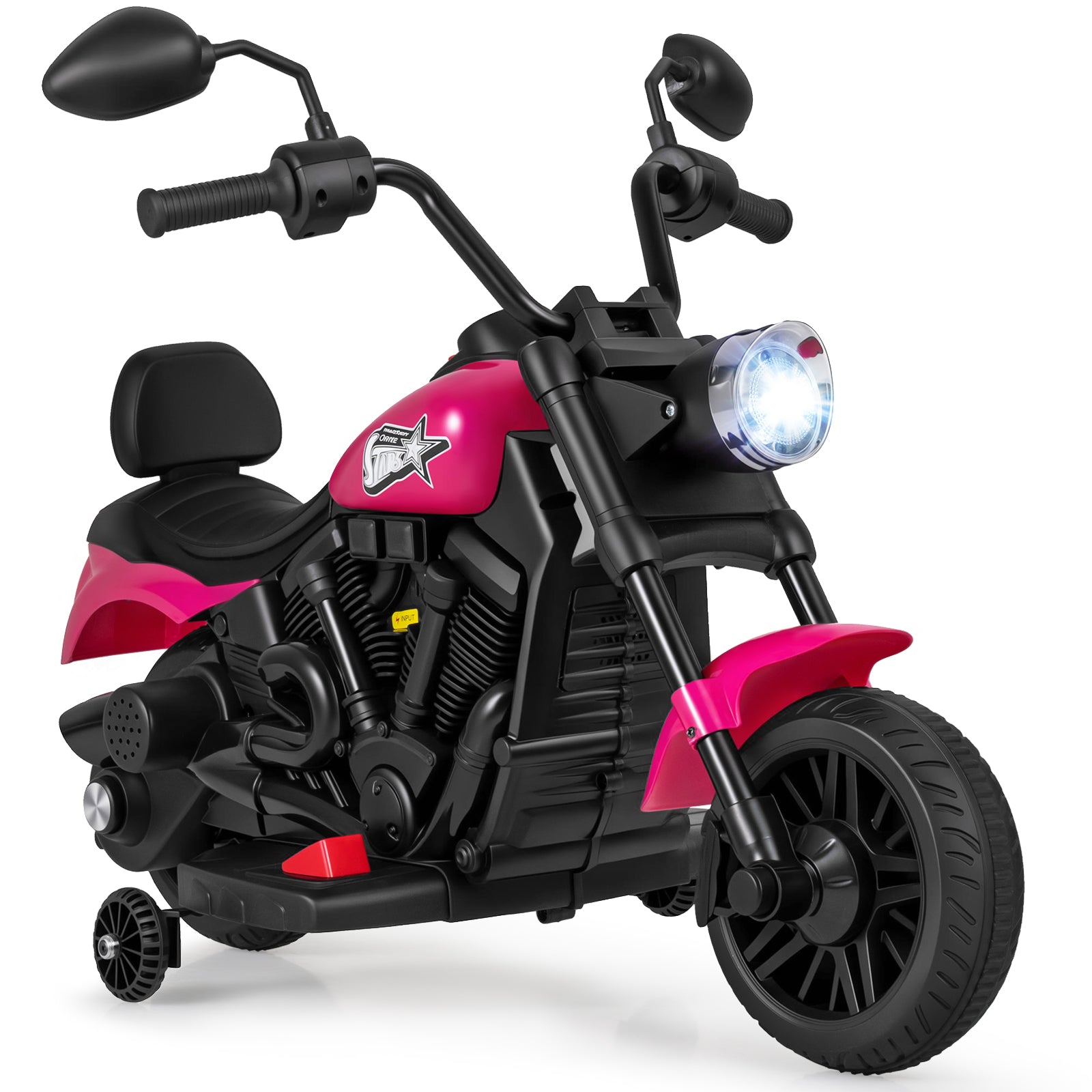 6V Kids Motorcycle with Headlight and Music and Training Wheels, Pink Powered Ride On Toys Pink at Gallery Canada